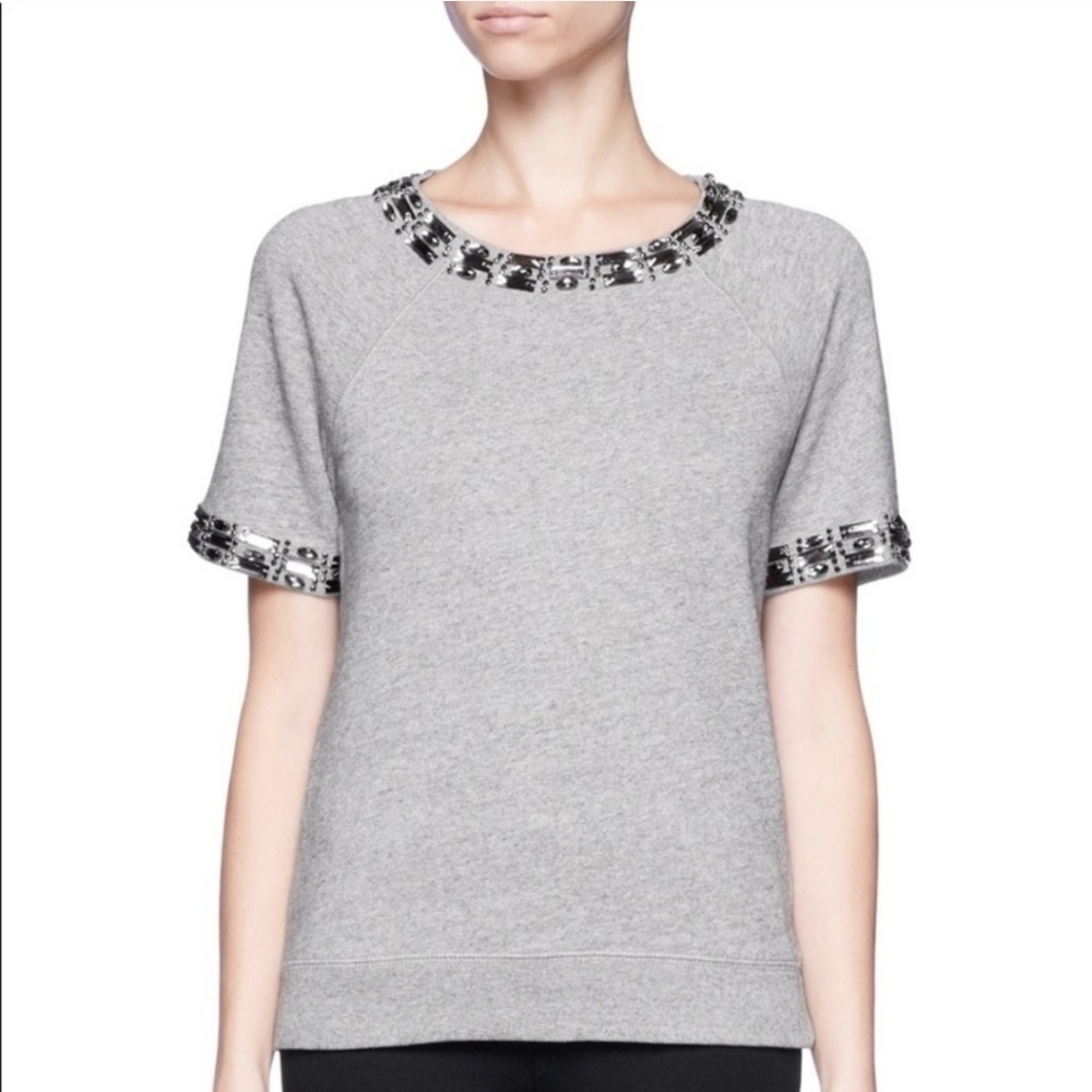 J Crew Rhinestone Embellished Short Sleeve Sweatshirt size M Gray
